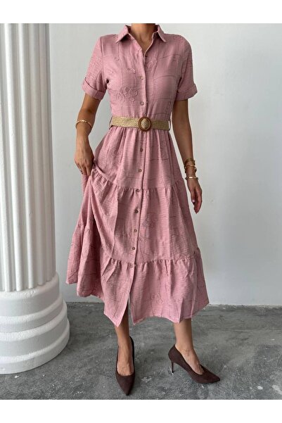 conconmoda Sofya Keten Kemerli Midi Elbise