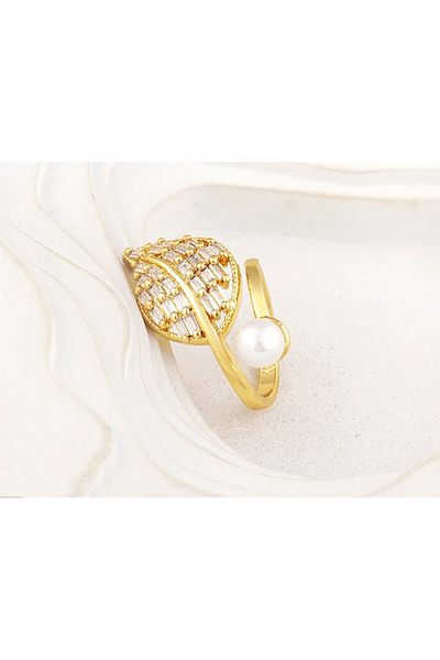 Eva Grace Denisse ring, gold, leaf-shaped, with pearl and zirconia, adjustable - Boheme Collection