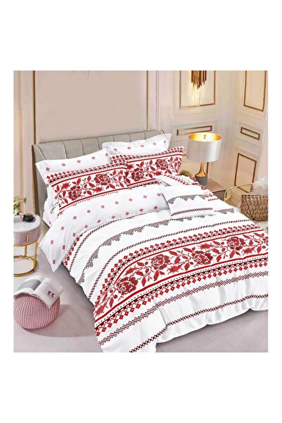 Pucioasa Double bed linen, 6 pieces, traditional, 240x250cm, M2, cotton satin, white red