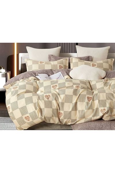 OEM Lenjerie de pat dublu, Finet, 6 piese, 2 persoane, imprimeu Patratele, 250x230cm, Bej Nuante