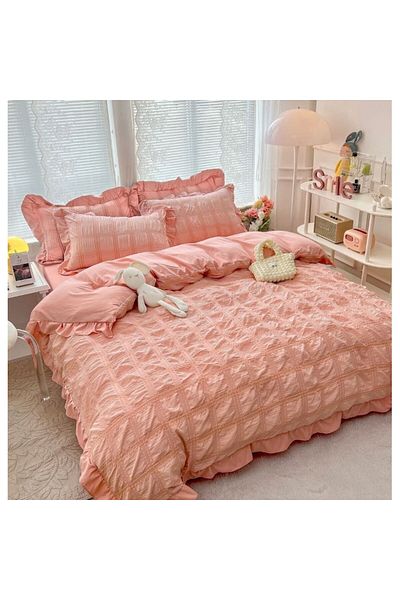 JOJO HOME Double Bed Linen, Jojo Home, Crepe Cotton, 6 Pieces, 230x250cm, Coral