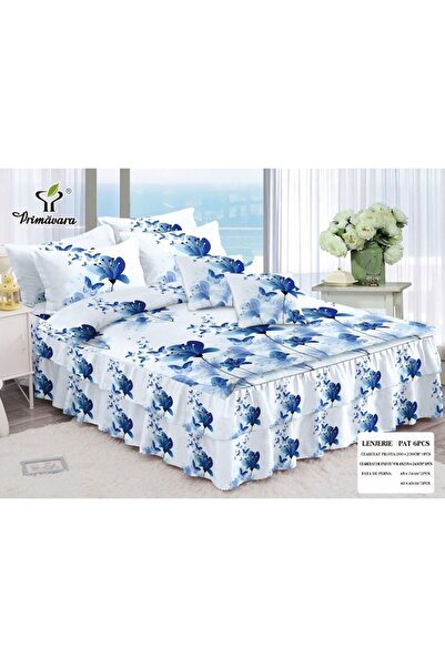 OEM Double bed linen set with ruffles, navy blue flowers, 6 pieces, 2 people, Finet, 200x230c