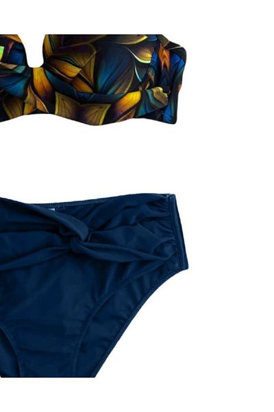 hazelin Women's Navy Blue Yellow Floral Patterned Lined Plus Size Bikini Set Hzl25S-Lc24108