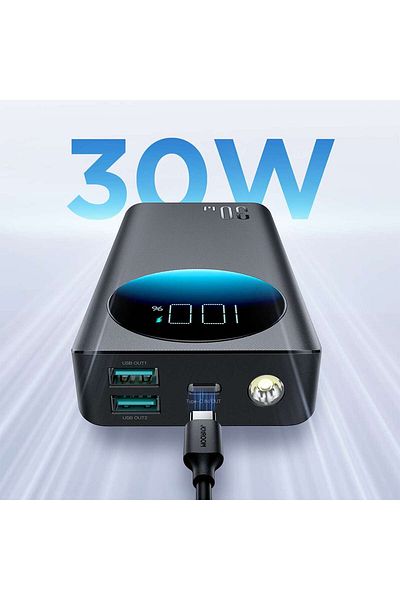 Joyroom Powerbank z latarką 30W 20000mAh + kabel USB-A - USB-C 25cm czarny