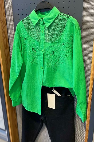 FEMELLE Cămașă oversize pentru femei, verde, cu dantelă, broderie florală, brodată, 75% bumbac, 25% in