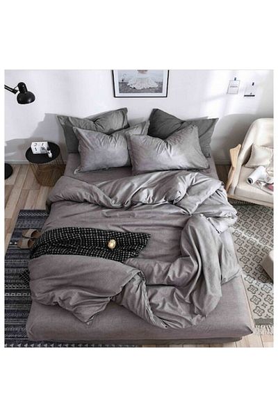 OEM Reversible Bed Linen Set, Fitted Sheet, Fine Fabric, 1 Person, 4 Pieces, 140x200cm, Dark Grey