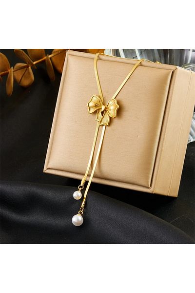 Eva Grace Lucille necklace, gold, stainless steel, with pearls and long bow pendant