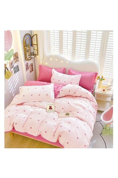OEM Double bedding set, striped pink hearts print, 2 people, 240x250cm, finet, pink-white