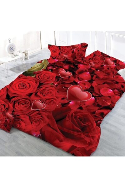 OEM Lenjerie pat dublu, Imprimeu 3D Tandafiri, 4 piese, 2 persoane, 240x250cm, Bumbac Satinat, Rosu