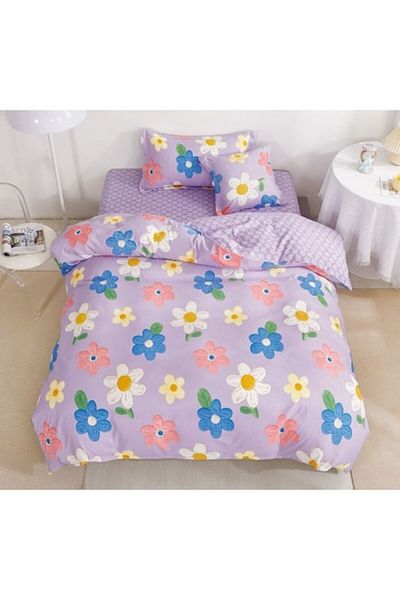 OEM Reversible Bed Linen Set, Elastic Sheet, Finet, 1 Person, 4 Pieces, 140x200cm, Painted Flowers, Mult
