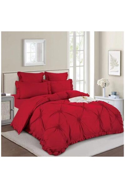 OEM Lenjerie de pat dublu, Uni, Model Inimi Brodate, 6 piese, Finet, 180X200cm, Rosu