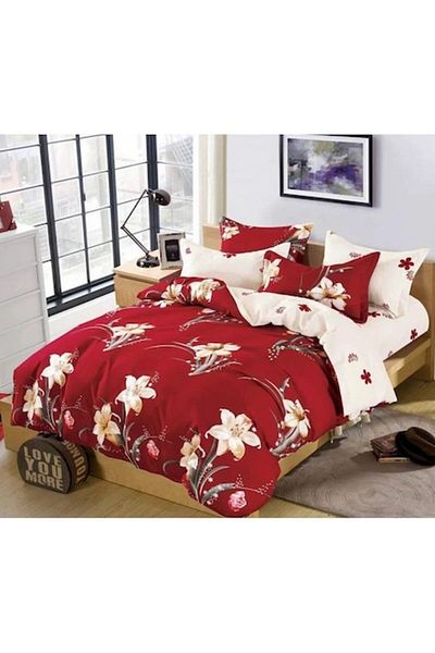 Pucioasa Double Bed Linen Set, Pucioasa, Fine Cotton, 6 Pieces, Cream-Red Print, 245x250cm