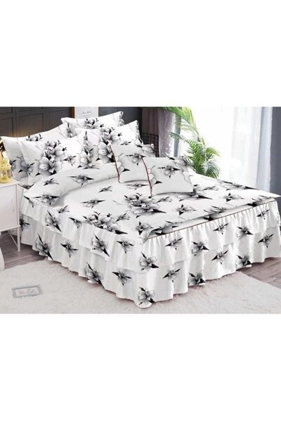 Pucioasa Lenjerie de pat dublu, cearsaf cu volanase, Pucioasa, Finet, 6 piese, 2 persoane, imprimeu Negru, 20