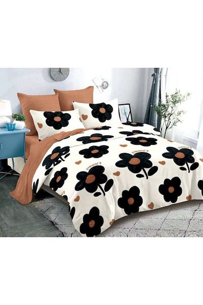 OEM Double Bed Linen, Spring, Finet, 6 Pieces, Floral Black Print, 180x200cm, White-Brown