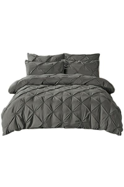 JOJO HOME Double Bedding Set, Jojo Home, Uni, Pleated Embroidery Design, 6 pieces, Finet, 230x250cm, Dark Grey