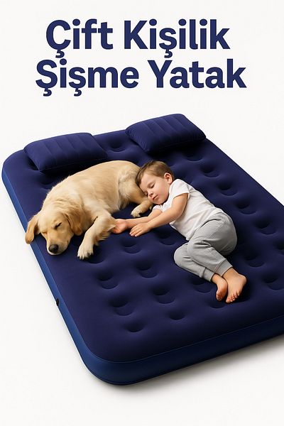 SMAYLİNG Portable Double Inflatable Mattress + Pump – 203X152X22 cm Camping & Guest Use