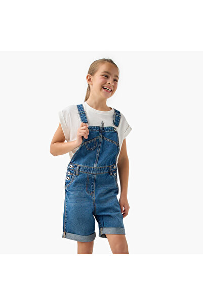 Juniors Solid Denim Dungaree with Pockets