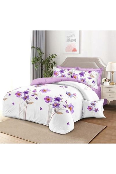 OEM Double Bed Linen Set, Floral Lilac Print, 6 Pieces, 2 Persons, 245x250cm, Finet, White-Lilac