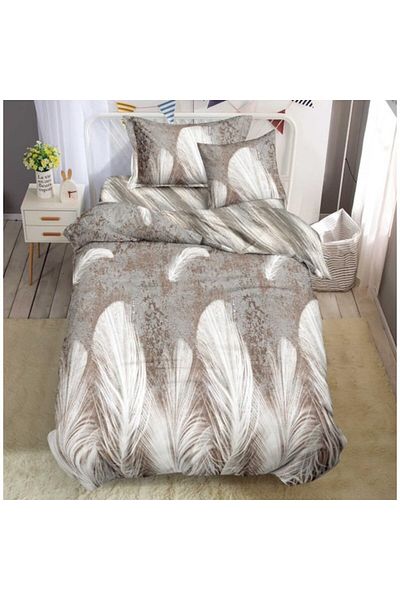 OEM Bed Linen, Fine Satin, 1 Person, 150x220 cm, 4 Pieces, Feather Print, Grey-White