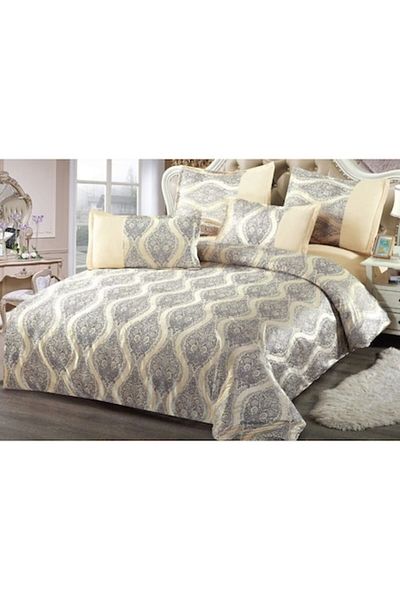 OEM Set de lenjerie de pat dublu, catifea, 6 piese, 2 persoane, Uni, 230x250cm, crem