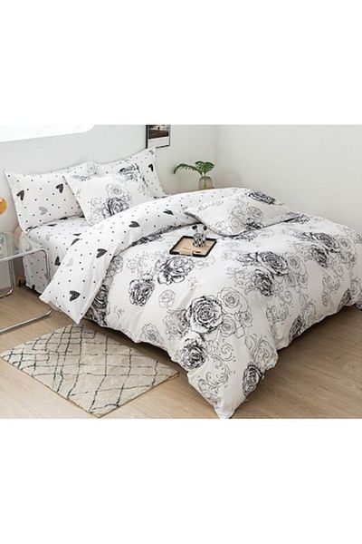 OEM Double Bed Linen with Two Patterns, Black-White Print, 4 Pieces, 180x200cm, Satin Cotton