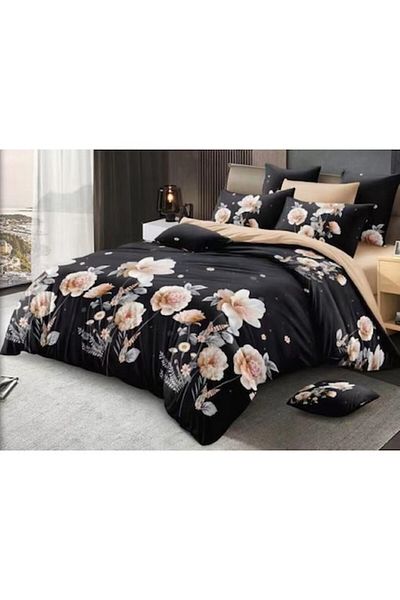 OEM Double Bedding Set, Talo, 4 Pieces, Black Floral, 240x250cm