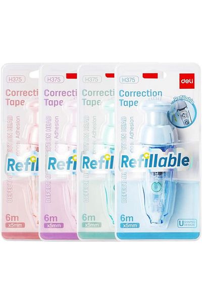 Deli EH375 – Refillable Correction Tape (5mm × 6m) – Pink/Purple/Blue/Green