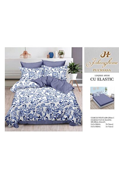 OEM Double bed linen set, double-sided, with roses, 6 pieces, 180x200cm, fine satin, white-blue