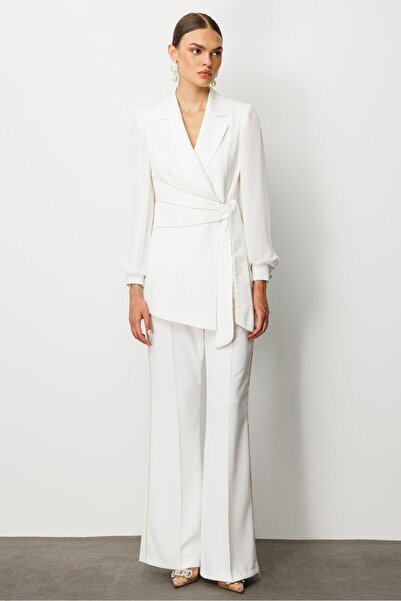 Moda İlgi Modailgi Kolları Piliseli Şerit Aksesuarlı Ceket - 45008 Ekru