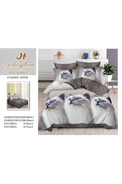 OEM Double Bed Linen, 6 pieces, Cats Print, 2 Persons, 200x230cm, Satin Cotton, Gray