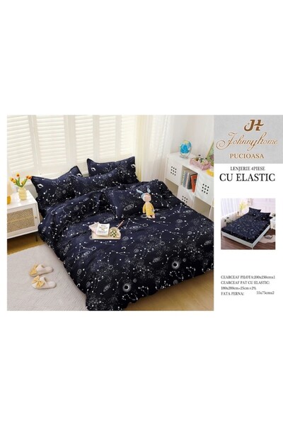 OEM Bed Linen, Fitted Sheet, Satin Cotton, 2 Persons, 4 Pieces, Constellation Print, 180x