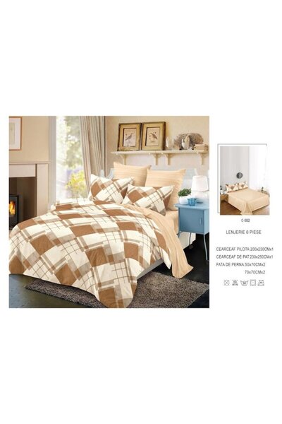 OEM Double bed linen, cotton, 6 pieces, 2 persons, beige shades, 230x250cm