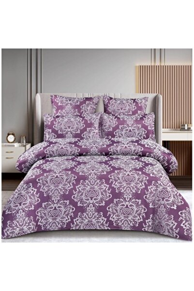 OEM Double Bed Sheet, Elegant Model, Silk Imitation, 6 Pieces, 2 Persons, 180x200cm, Purple-White