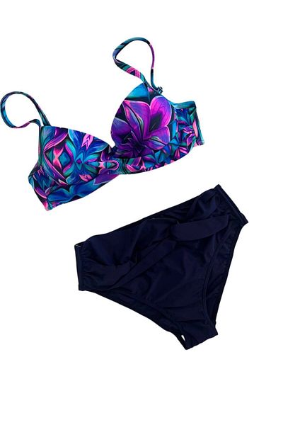 hazelin Women's Navy Blue Fuchsia Floral Patterned Lined Plus Size Bikini Set Hzl25S-Lc24108