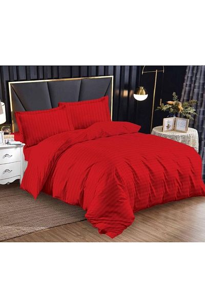 OEM Lenjerie de pat dublu, cearsaf cu elastic, Damasc, 4 piese, Uni, 180x200cm, Rosu