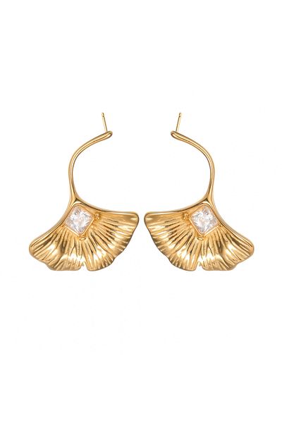 Eva Grace Janell earrings, gold, stainless steel, in the shape of a ginkgo leaf