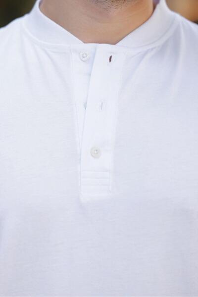 Madmext White Judge Collar Button Detailed Short Sleeve T-Shirt 7021