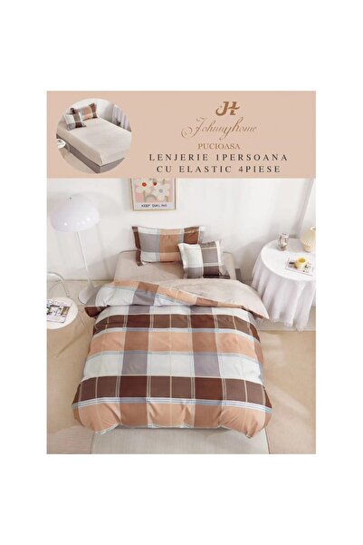 OEM Lenjerie de Pat, Reversibil, Cearsaf cu Elastic, Finet, 1 Persoana, 4 Piese, 140x200cm, Carouri, Mul