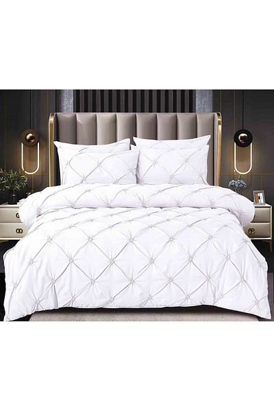 Pucioasa Double bed linen, Sulphur, Plain, Embroidered Pleats Pattern, 6 pieces, Finet, 230x250cm, White