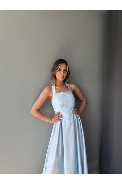 AlisaSu Γυναικείο Baby Blue Λινό Φόρεμα με γιακά Halter