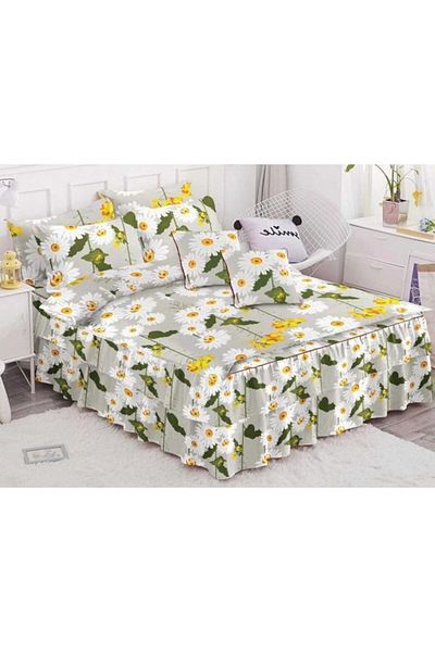 Pucioasa Double Bed Linen with Ruffles, Pucioasa, Finet, 6 Pieces, Daisy Print, 200x230cm