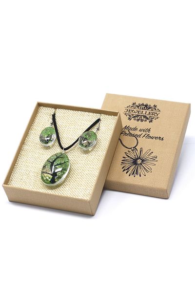 XTERRA PENDANT SET - GLASS EARRINGS AND REAL PRESSED FLOWERS - TREE OF LIFE | GREEN