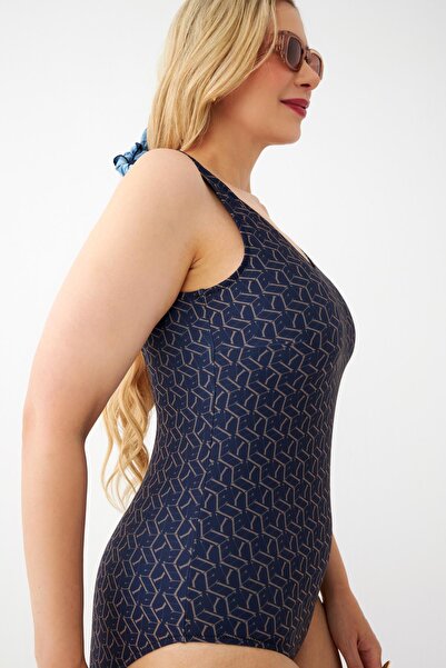 Akbeniz Women's Navy Blue Geometric Patterned Large Size One Piece Swimsuit