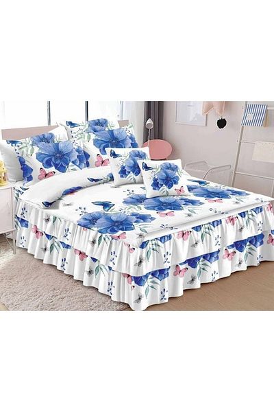Pucioasa Double Bed Sheet Set with Ruffles, Pucioasa, Finet, 6 Pieces, Blue Flower Print, 200x230cm