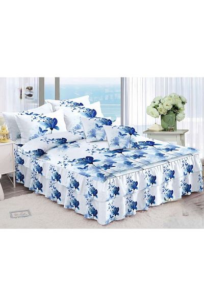 OEM Double Bed Linen Set with Ruffles, Spring, Blue Marine Flowers, 6 Pieces, 2 Persons, Finet, 200x230c