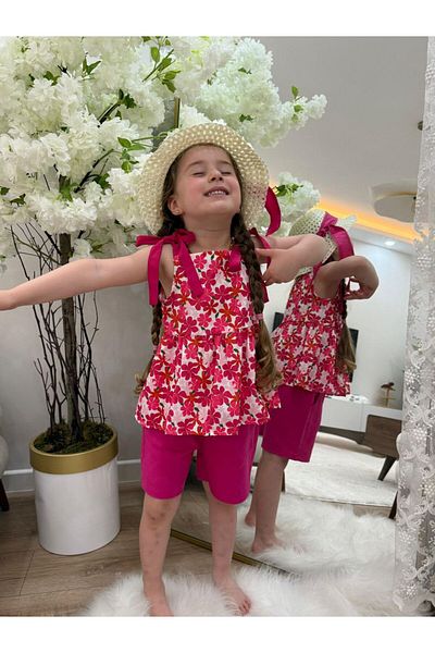 GÖKJOY BUTİK Premium Quality Hat Included 3-Piece Shorts Flower Patterned Set