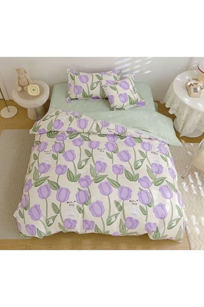 OEM Reversible Bedding Set, Elastic Sheet, Finet, 1 Person, 4 Pieces, 140x200cm, Lilac Tulips, Multicolo