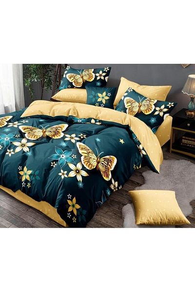 OEM Double Bed Linen, Finet, 6 Pieces, 2 Persons, Yellow Butterflies Print, 250x230cm, Multicolor
