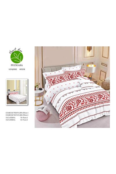 Pucioasa Double bed linen, 6 pieces, traditional, 240x250cm, M2, cotton satin, white red