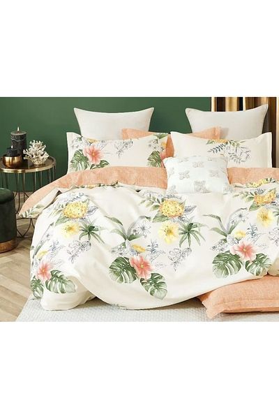 OEM Double Bed Sheets, Talo, Finet, 6 Pieces, Floral Print, 230x245cm, White-Coral